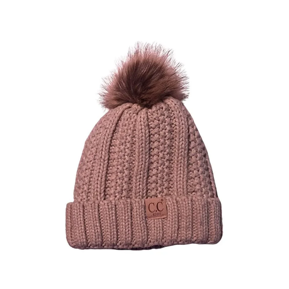 New CC Girls' Cable Knit Fur Pom Pom Beanie Mauve Pink